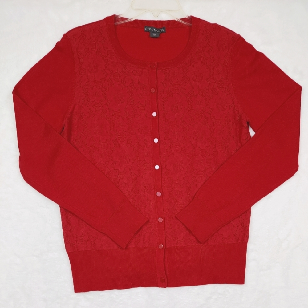 Covington Red Floral Lace Front Detail Cardigan Sweater Size S